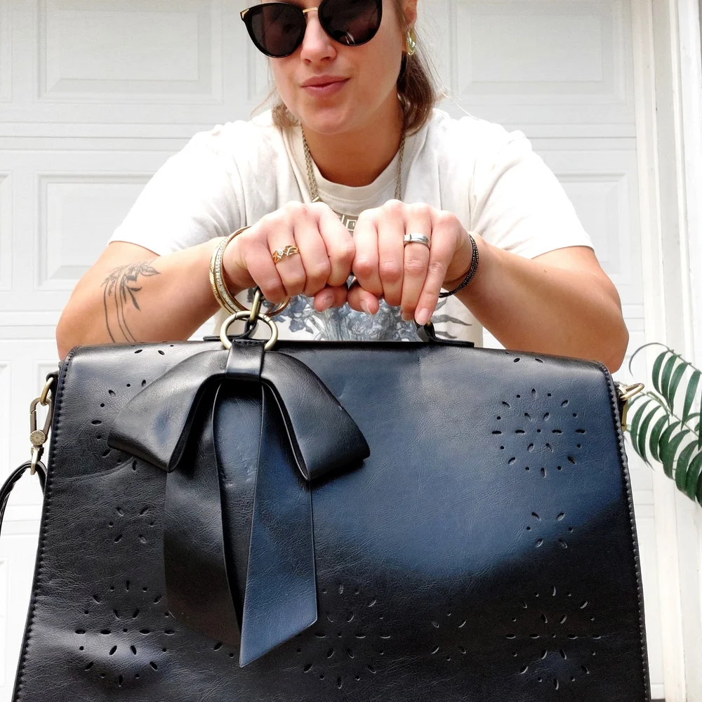 Black Laptop Bag with Decorative Bow - Women Bags Laptop Bags